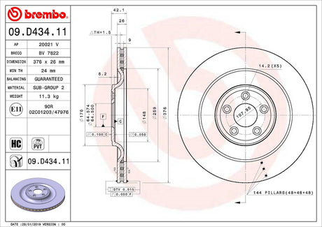 Product of Brembo 09D43411C02 Vented 1 Piece Brake Rotor 