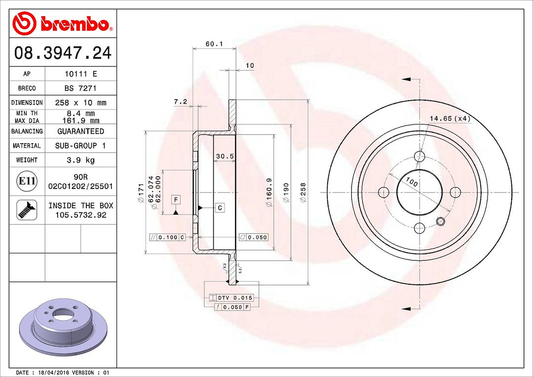 Product of Brembo 08394724C02 Solid 1 Piece Brake Rotor 