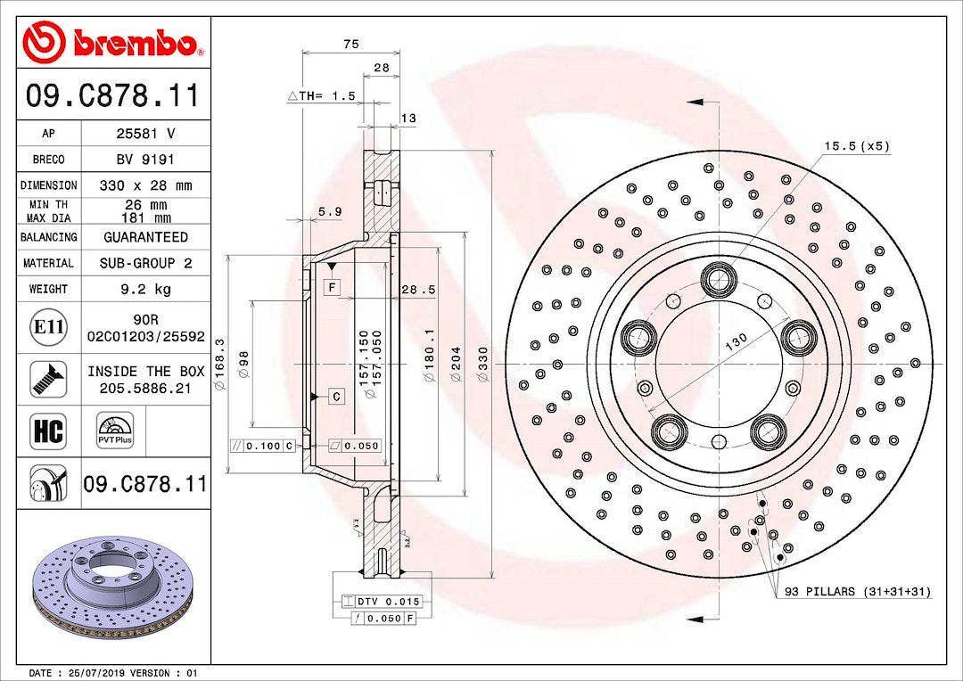 Product of Brembo 09C87811C02 Vented Cross Drilled 1 Piece Brake Rotor 