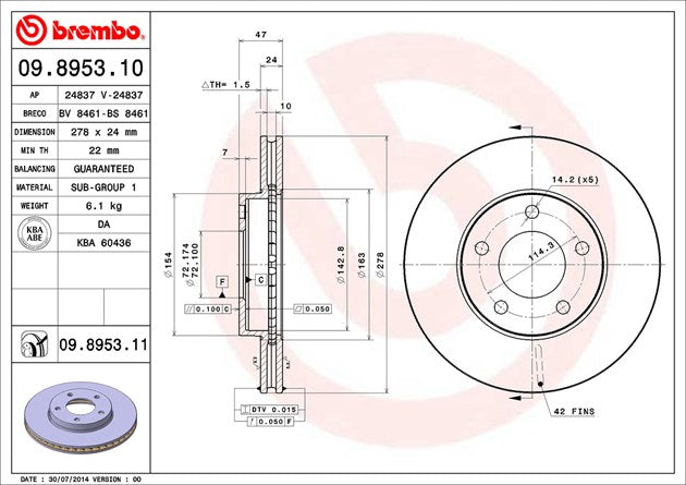 Product of Brembo 09895311C02 Vented 1 Piece Brake Rotor 