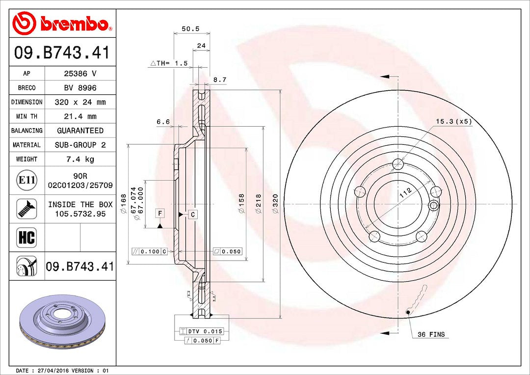 Product of Brembo 09B74341C02 Vented 1 Piece Brake Rotor 