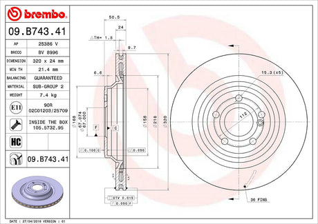 Product of Brembo 09B74341C02 Vented 1 Piece Brake Rotor 
