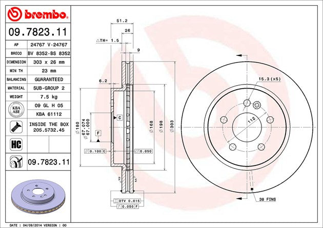 Product of Brembo 09782311C02 Vented 1 Piece Brake Rotor 