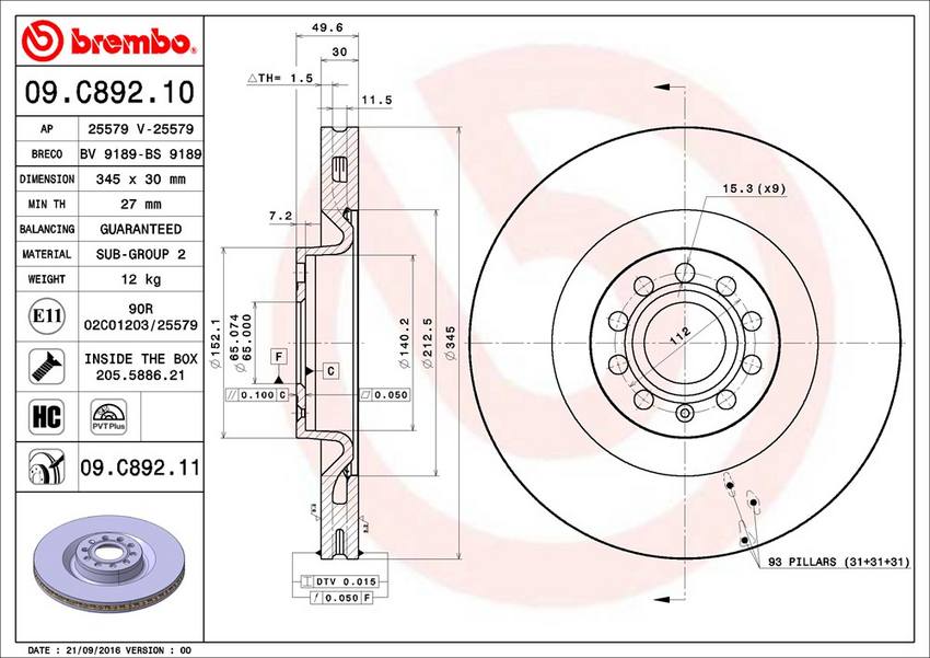 Product of Brembo 09C89211C02 Vented 1 Piece Brake Rotor 