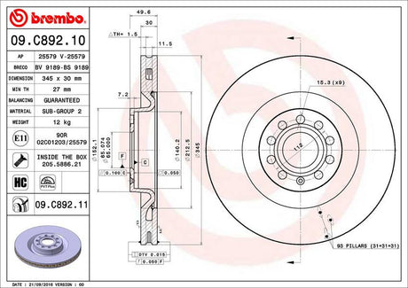 Product of Brembo 09C89211C02 Vented 1 Piece Brake Rotor 