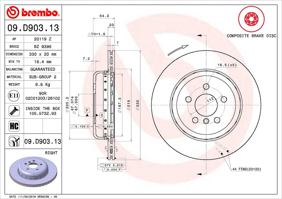 Product of Brembo 09D90313C02 Vented 1 Piece Brake Rotor 