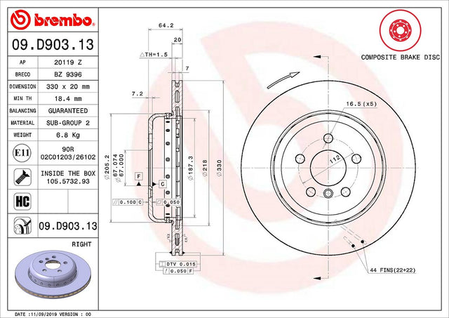 Product of Brembo 09D90313C02 Vented 1 Piece Brake Rotor 
