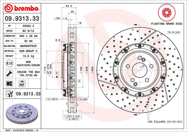 Product of Brembo 09931333C02 Vented Cross Drilled 1 Piece Brake Rotor 