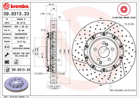 Product of Brembo 09931333C02 Vented Cross Drilled 1 Piece Brake Rotor 