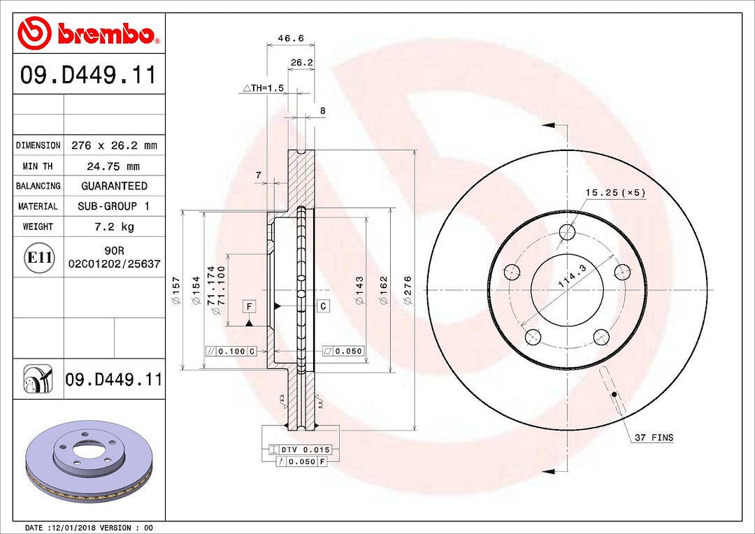 Product of Brembo 09D44911C02 Vented 1 Piece Brake Rotor 
