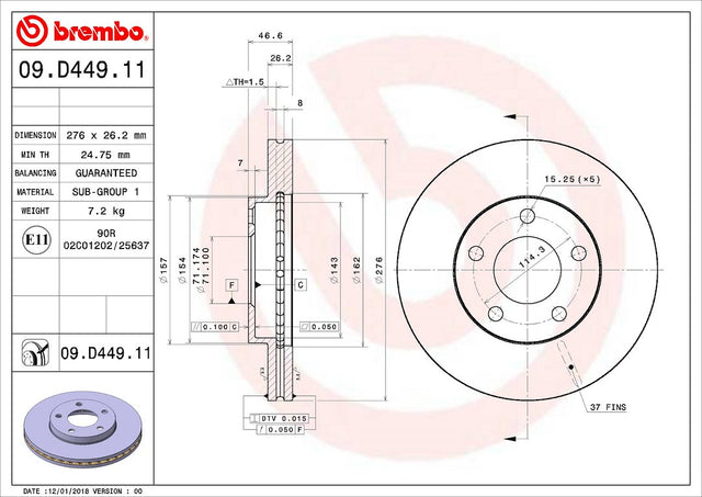 Product of Brembo 09D44911C02 Vented 1 Piece Brake Rotor 