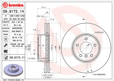 Product of Brembo 09917211C02 Vented 1 Piece Brake Rotor 