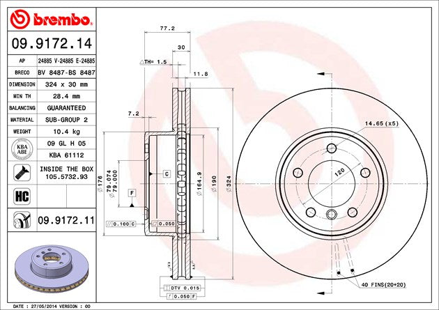 Product of Brembo 09917211C02 Vented 1 Piece Brake Rotor 