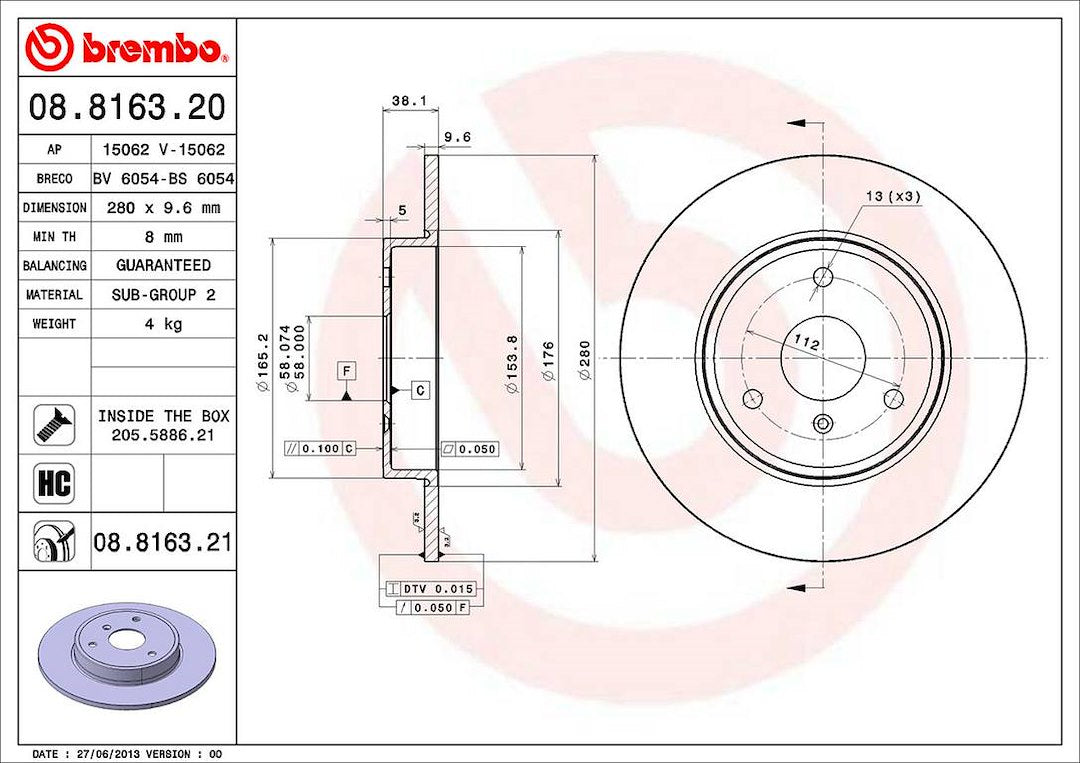 Product of Brembo 08816321C02 Solid 1 Piece Brake Rotor 