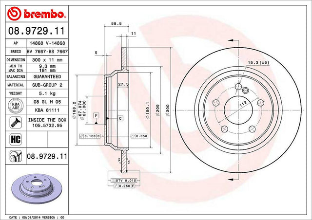 Product of Brembo 08972911C02 Solid 1 Piece Brake Rotor 