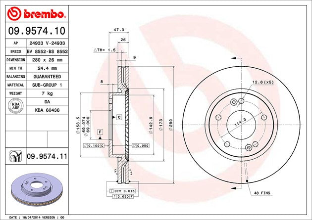 Product of Brembo 09957411C02 Vented 1 Piece Brake Rotor 