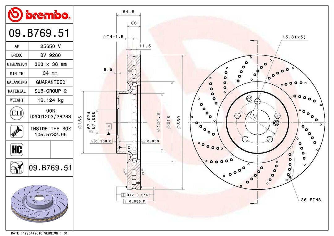 Product of Brembo 09B76951C02 Vented Cross Drilled 1 Piece Brake Rotor 