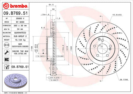 Product of Brembo 09B76951C02 Vented Cross Drilled 1 Piece Brake Rotor 