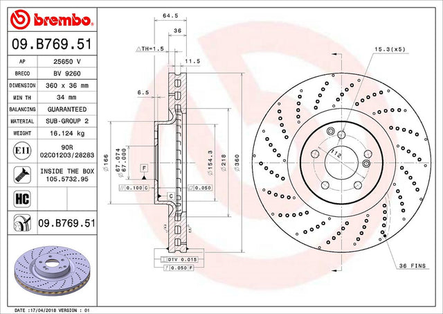 Product of Brembo 09B76951C02 Vented Cross Drilled 1 Piece Brake Rotor 
