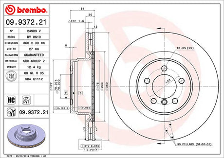 Product of Brembo 09937221C02 Vented 1 Piece Brake Rotor 