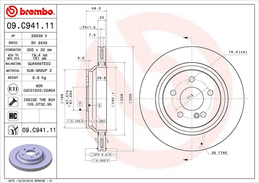Product of Brembo 09C94111C02 Vented 1 Piece Brake Rotor 