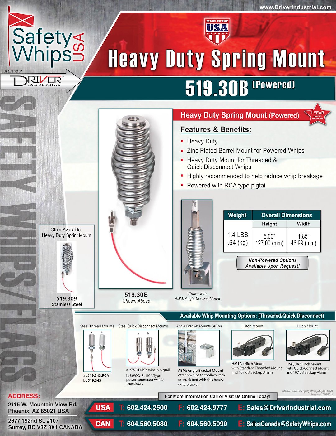 Driver Industrial Opco Llc 519.30b Warning Whip Base||ds-Sw-Heavy-Duty-Spring-Mount-519_30b-Revb.Jpg||87||drv51930b||931859