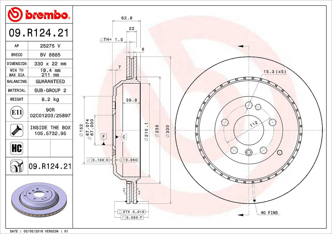 Product of Brembo 09R12421C02 Vented 1 Piece Brake Rotor 
