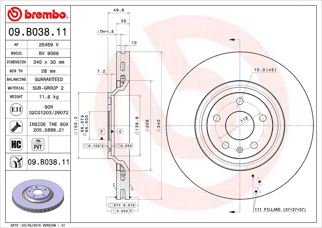 Product of Brembo 09B03811C02 Vented 1 Piece Brake Rotor 