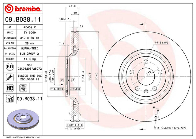 Product of Brembo 09B03811C02 Vented 1 Piece Brake Rotor 