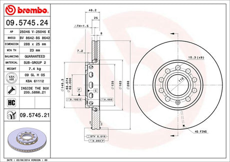 Product of Brembo 09574521C02 Vented 1 Piece Brake Rotor 