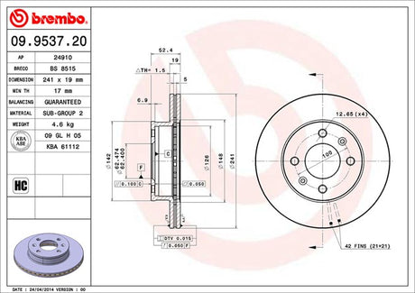 Product of Brembo 09953720C02 Vented 1 Piece Brake Rotor 