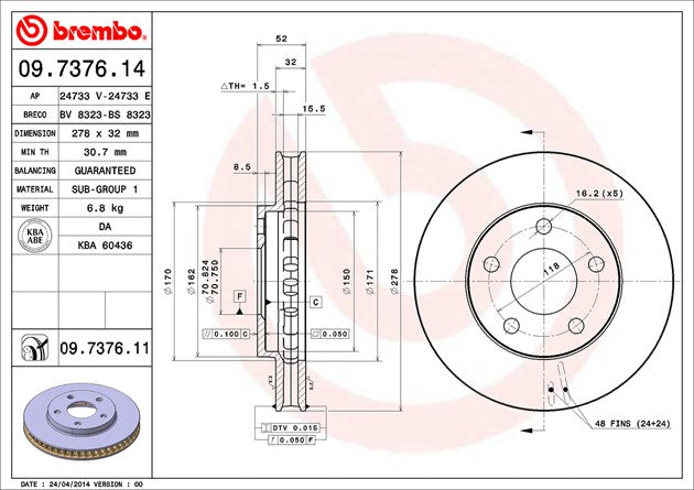 Product of Brembo 09737611C02 Vented 1 Piece Brake Rotor 