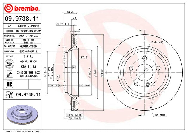 Product of Brembo 09973811C02 Vented 1 Piece Brake Rotor 