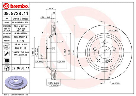 Product of Brembo 09973811C02 Vented 1 Piece Brake Rotor 