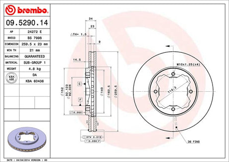 Product of Brembo 09529014C02 Vented 1 Piece Brake Rotor 