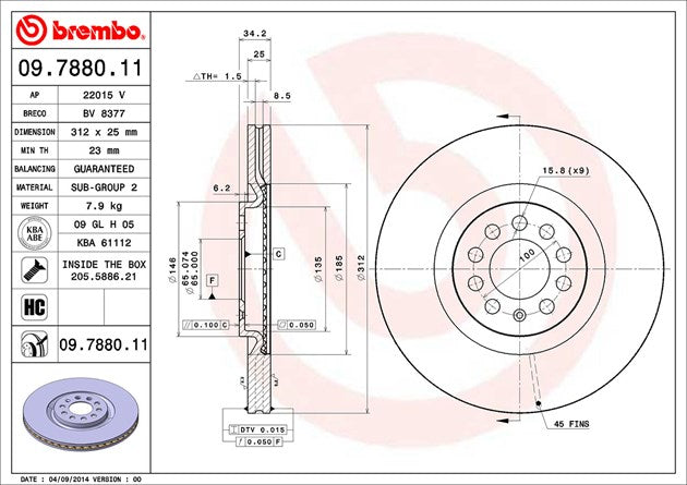 Product of Brembo 09788011C02 Vented 1 Piece Brake Rotor 