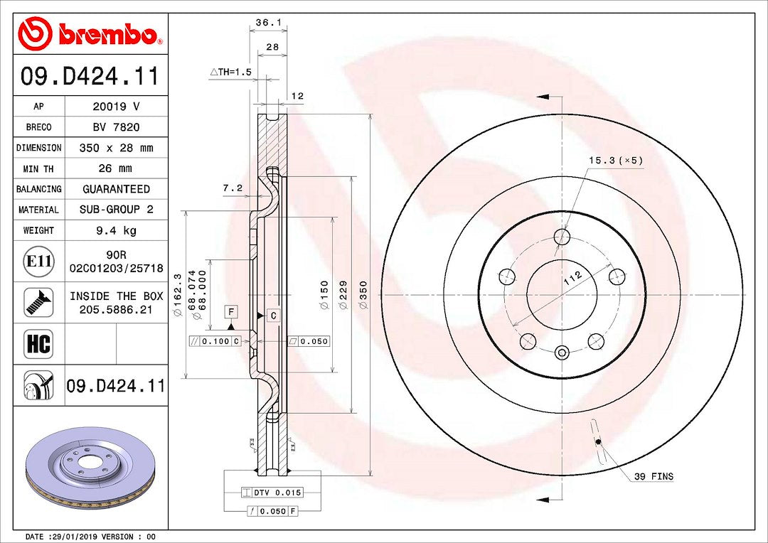 Product of Brembo 09D42411C02 Vented 1 Piece Brake Rotor 