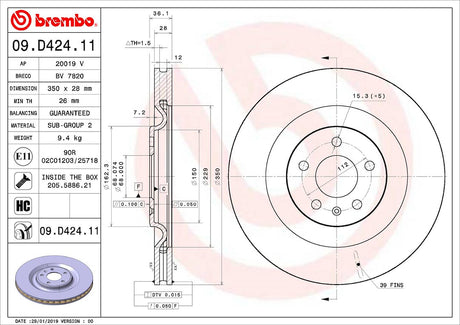 Product of Brembo 09D42411C02 Vented 1 Piece Brake Rotor 