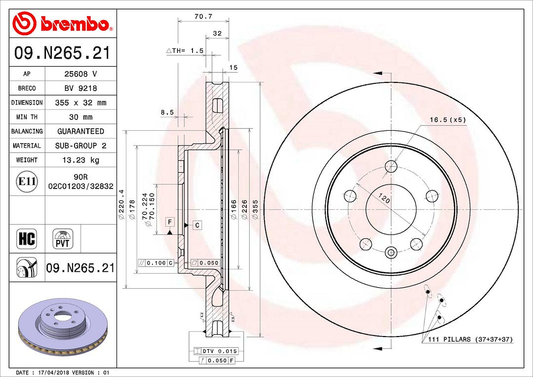 Product of Brembo 09N26521C02 Vented 1 Piece Brake Rotor 