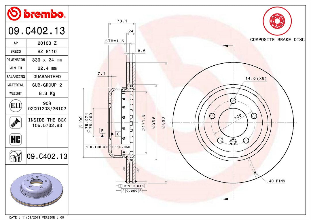 Product of Brembo 09C40213C02 Vented 1 Piece Brake Rotor 