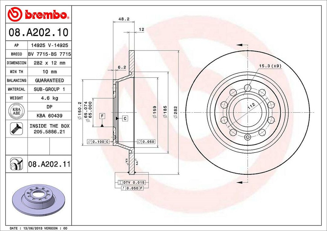 Product of Brembo 08A20211C02 Solid 1 Piece Brake Rotor 