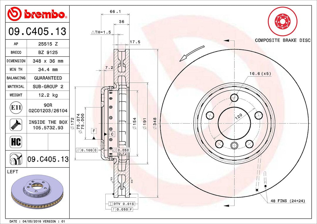 Product of Brembo 09C40513C02 Vented 1 Piece Brake Rotor 