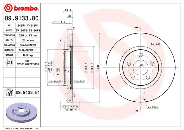 Product of Brembo 09913381C02 Vented 1 Piece Brake Rotor 