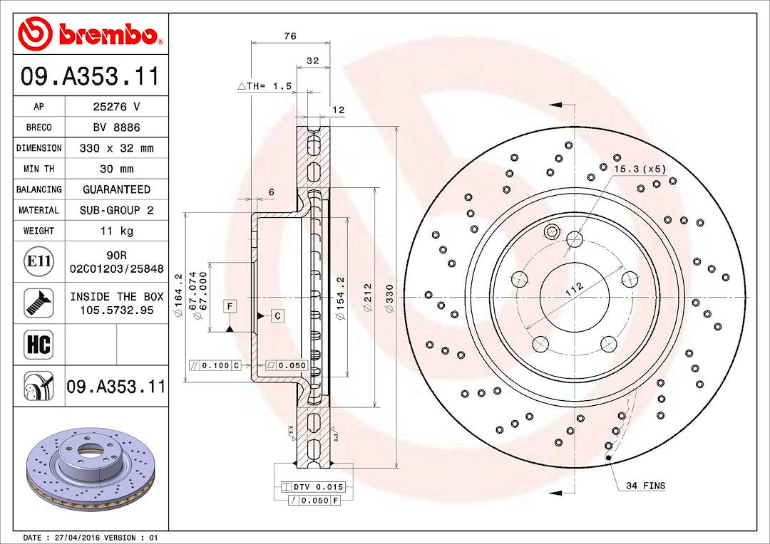 Product of Brembo 09A35311C02 Vented Cross Drilled 1 Piece Brake Rotor 