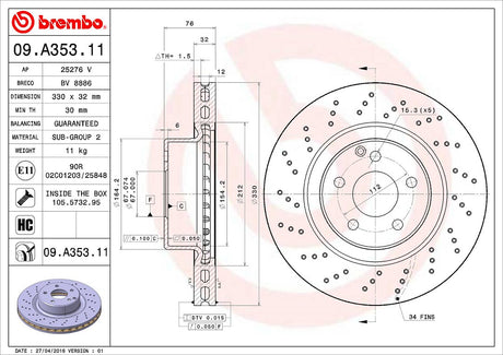 Product of Brembo 09A35311C02 Vented Cross Drilled 1 Piece Brake Rotor 