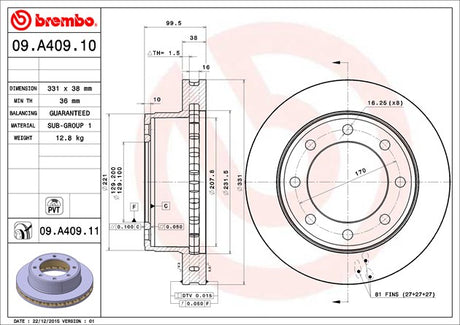 Product of Brembo 09A40911C02 Vented 1 Piece Brake Rotor 