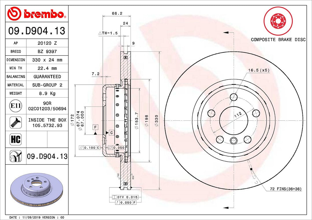 Product of Brembo 09D90413C02 Vented 1 Piece Brake Rotor 