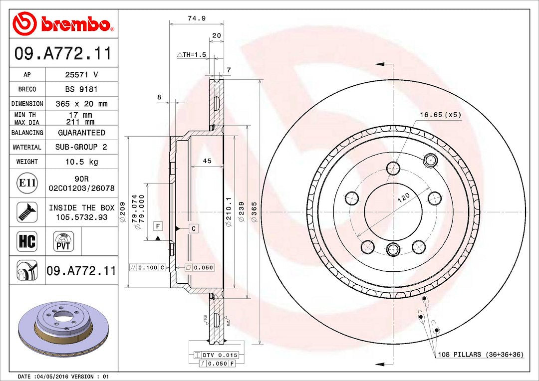 Product of Brembo 09A77211C02 Vented 1 Piece Brake Rotor 