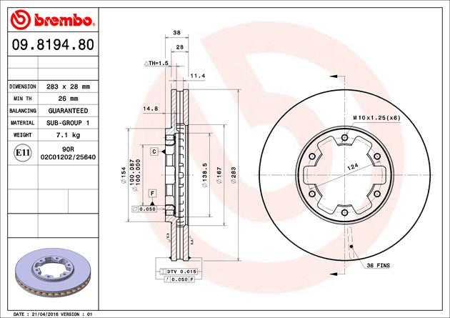Product of Brembo 09819480C02 Vented 1 Piece Brake Rotor 