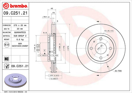 Product of Brembo 09C25121C02 Vented 1 Piece Brake Rotor 